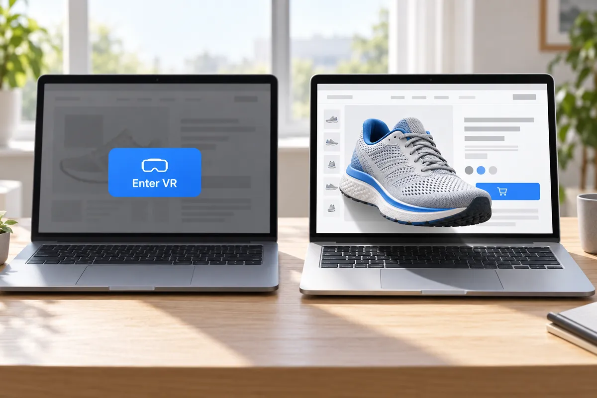 Illustration. Left: a web page replaced by an 'Enter VR' button. Right: the same page with a shoe coming out of its product card in 3D, the page still readable around it.