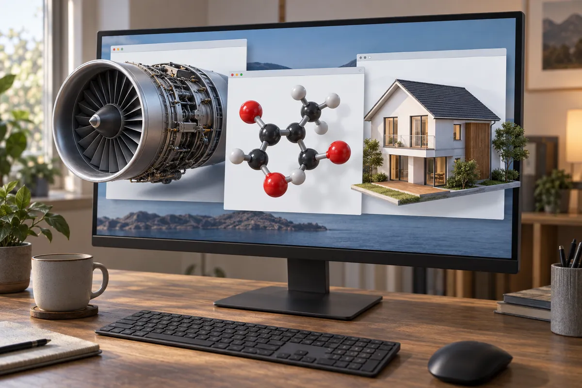 Three 3D apps in three ordinary windows on one desktop monitor.