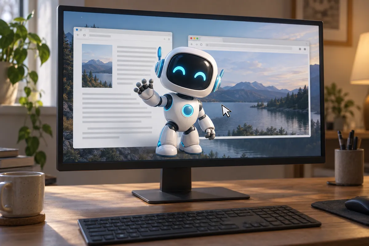 A friendly 3D character standing over ordinary desktop windows, transparent around it.
