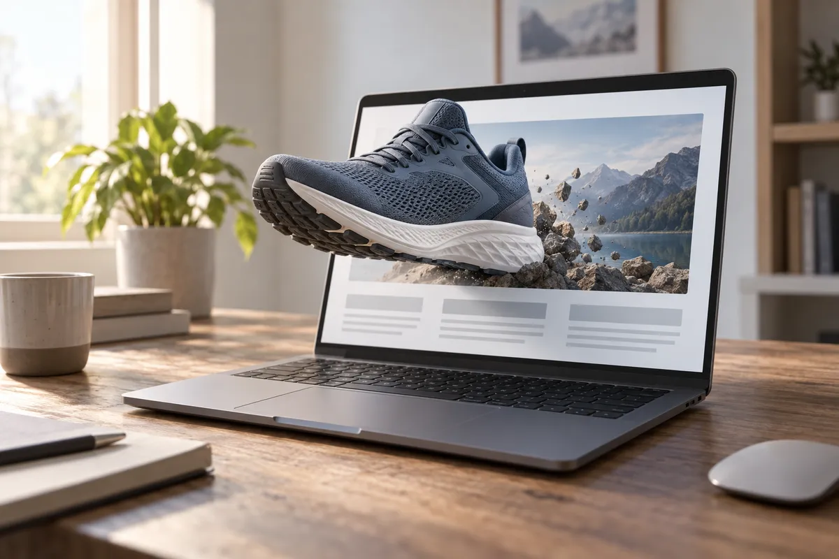 A laptop showing a web page whose product image is in 3D while the page around it stays flat.