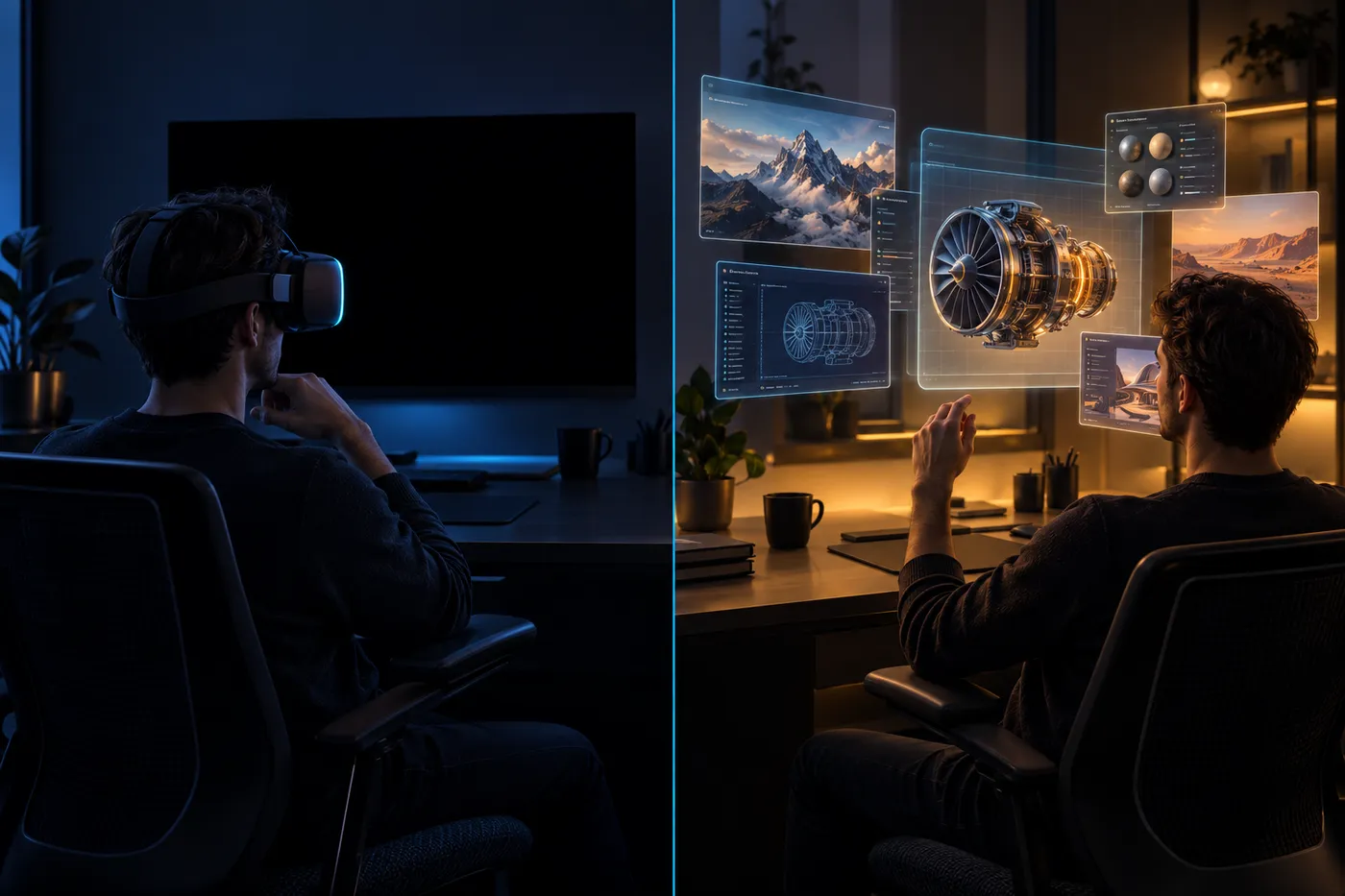 The same person at the same desk: on the left in a headset, on the right in front of a display with 3D windows and no headset.